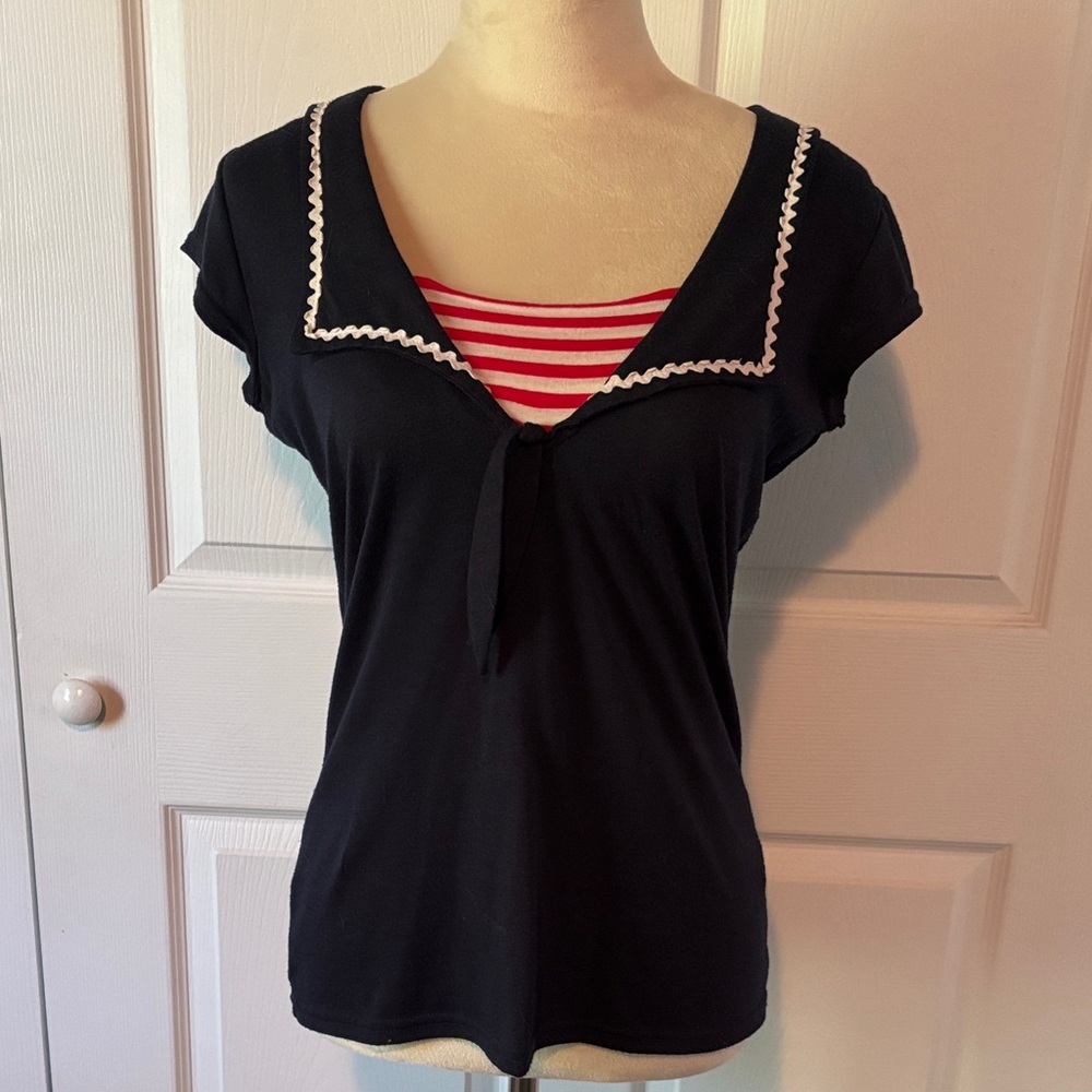 Small/Medium RockSteady Navy Top with Red and White Striped Accent